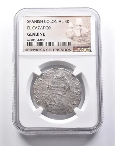 Genuine El Cazador Spanish Colonial 4 Reales NGC Shipwreck Certification *3693