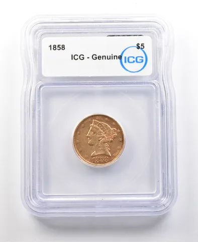 1858 $5 Liberty Head Gold Half Eagle Genuine ICG a1082