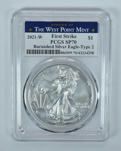 2021-W Burnished Silver Eagle Type 2 First Strike SP70 PCGS WP Label