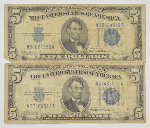 Lot of (2) 1934 $5 Silver Certificate US Bank Note Collection Lot