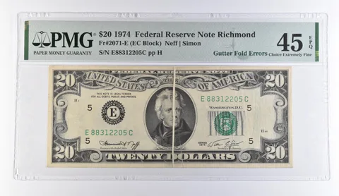 1974 $20 Richmond VA FRN Gutter Fold Errors Fr#2071-E Choice XF 45 EPQ PMG *9476