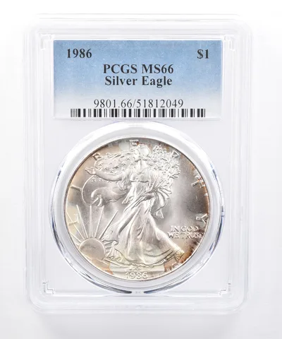 1986 American Silver Eagle MS66 PCGS Yellow Sheen *8515