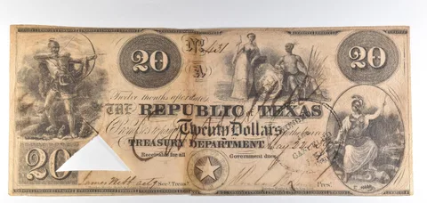 1839 $20 Republic Of Texas Treasury Department Obsolete Note *8684