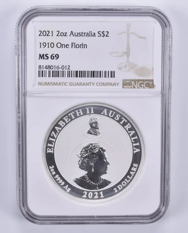 2021 Australia 2 Dollars 2 Oz Silver 1910 1 Florin MS69 NGC Brown Label