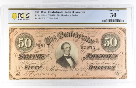 1864 $50 Confederate States Of America T-66 PF-8 CR-499 VF30 PCGS *8124
