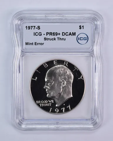 1977-S Eisenhower $1 Mint Error Struck Thru PR69+ DCAM ICG