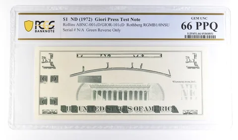 (1972) $1 Giori Press Test Note Green Reverse Only Gem Unc 66 PPQ PCGS *6127