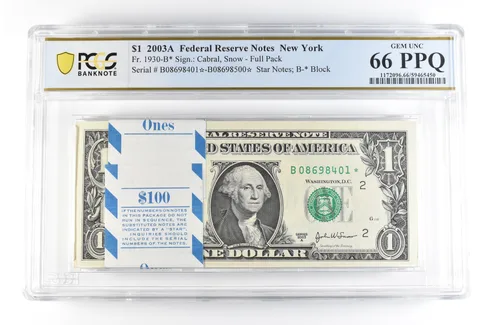 (100) 2003 A $1 New York NY FRN Fr#1930-B* Pack Star Notes Unc 66 PPQ PCGS *0201