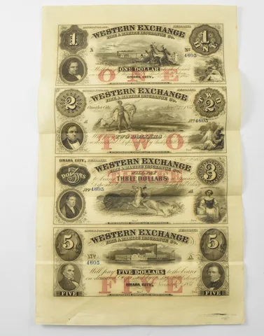 1857 Nebraska Western Exchange Fire Marine Insurance Co $1/$2/$3/$5 Uncut *1955