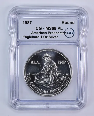 1987 Engelhard 1 Oz Silver American Prospector Eagle Reverse MS68 PL ICG