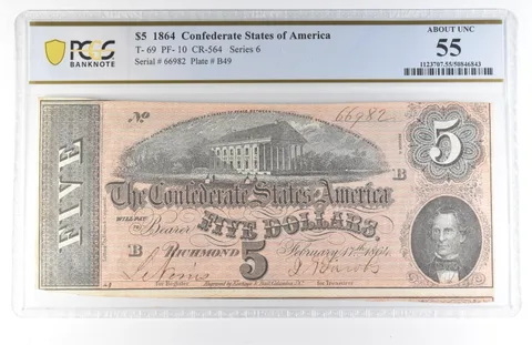 1864 $5 Confederate States Of America T-69 PF-10 CR-564 About Unc 55 PCGS *8144