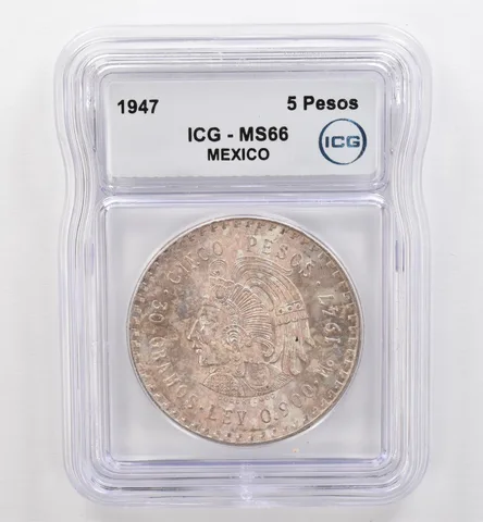 1947 Mo Mexico 5 Pesos MS66 ICG Beautiful Tone *9491