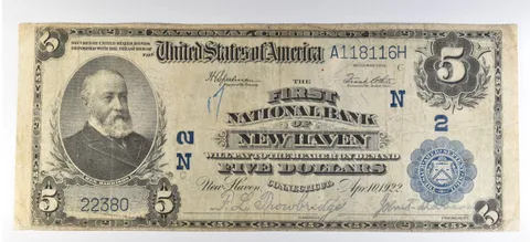 1902 $5 National Currency Note New Haven CT Ch#2 Large Note a5640