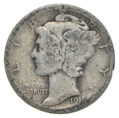 G+ 1918 Mercury 90% Silver Dime