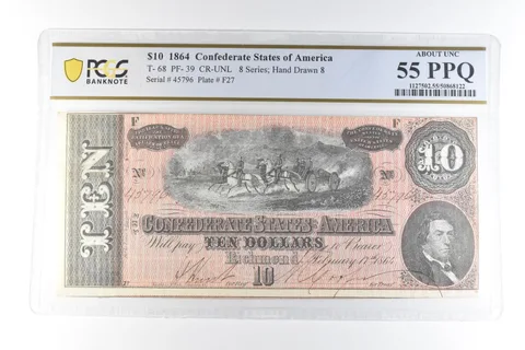 1864 $10 Confederate States Of America T-68 PF-39 CR-UNL AU 55 PPQ PCGS *3415
