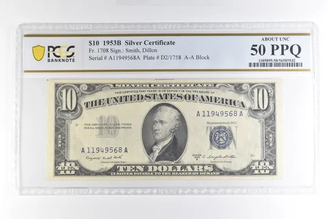 1953 B $10 Silver Certificate Fr#1708 About Unc 50 PPQ PCGS *4954