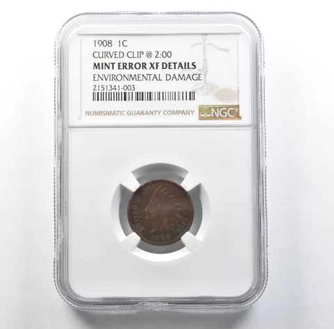 1908 Indian Head Cent Mint Error Curved Clip @ 2:00 XF Details NGC *3124