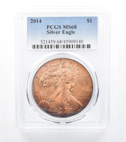2014 American Silver Eagle MS68 PCGS Orange/Purple Tone *7715