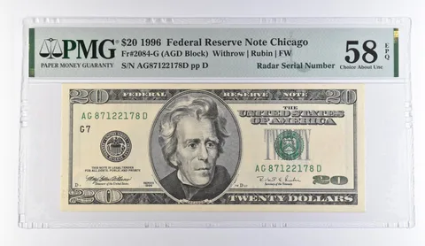 1996 $20 Chicago IL FRN Radar S/N Fr#2084-G Choice AU 58 EPQ PMG *9470