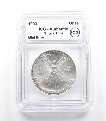 1993 Mo Mexico 1 Onza Silver Libertad Mint Error Struck Thru Authentic ICG *5064