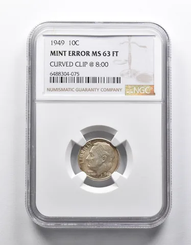 Mint Error MS63 FT 1949 Roosevelt Dime Curved Clip @8:00 NGC *1877