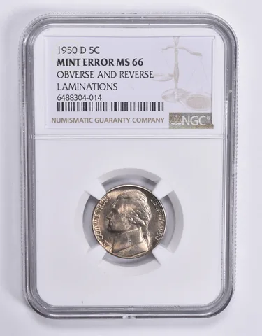 MINT ERROR MS66 1950-D Jefferson Nickel OBV & REV Laminations NGC *1833