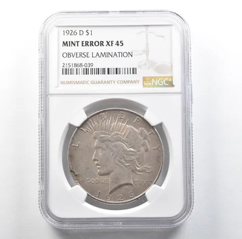 1926-D Peace Silver Dollar Mint Error Obverse Lamination XF45 NGC *3156
