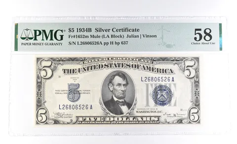 1934 B $5 Silver Certificate Fr#1652m Mule 58 Choice About Unc PMG a0938