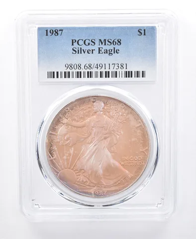 1987 American Silver Eagle MS68 PCGS Purple/Orange Tone *8632