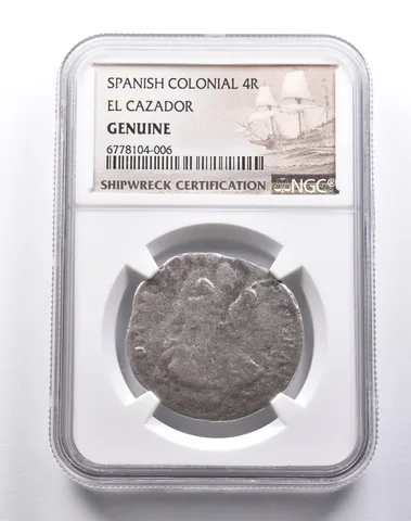 Genuine El Cazador Spanish Colonial 4 Reales NGC Shipwreck Certification *3694