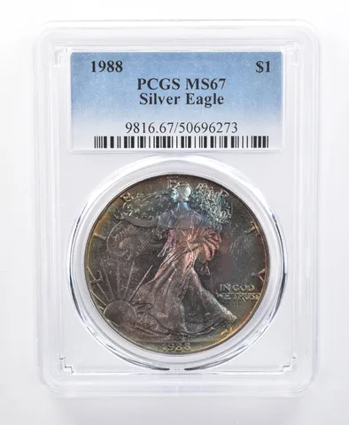 1988 American Silver Eagle MS67 PCGS Rainbow Tone *8676