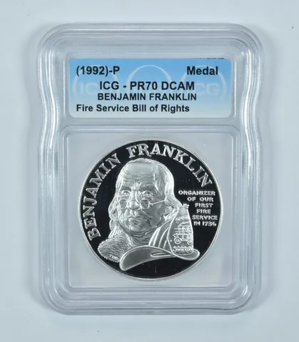 (1992)-P Benjamin Franklin Medal Fire Service Bill Of Rights PR70 DCAM ICG