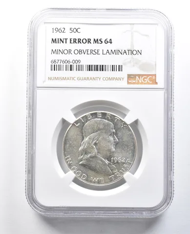 1962 Franklin Half Dollar Mint Error Minor Obverse Lamination MS64 NGC *8231