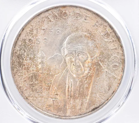 1953 Mo Mexico 5 Pesos Silver Hidalgo Bicentennial KM-468 MS66 PCGS Toned *2567