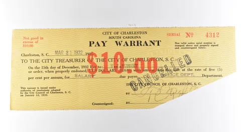 1932 $10 Charleston SC Pay Warrant Cancelled *3179
