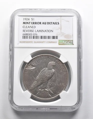 Mint Error AU Details 1924 Peace Silver Dollar REV Lamination Cleaned NGC *1966