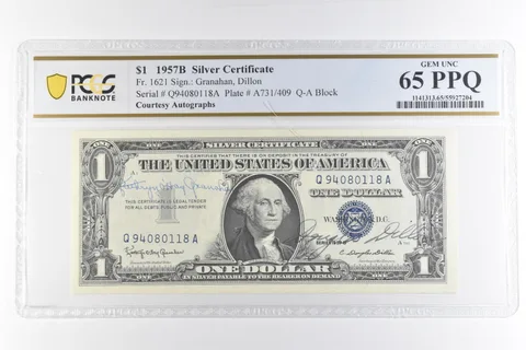 1957 B $1 Silver Certificate Courtesy Autographs Fr#1621 Unc 65 PPQ PCGS *6919