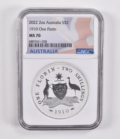 2022 Australia 2 Dollars 2 Oz Silver 1910 1 Florin MS70 NGC Australia Label