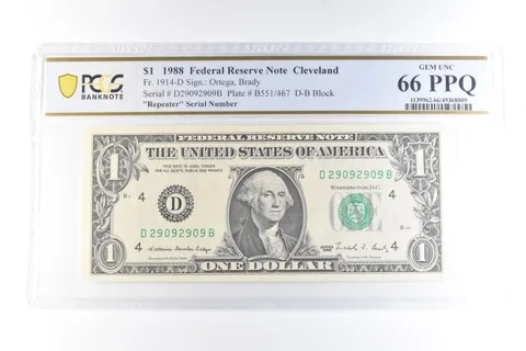 1988 $1 Cleveland OH FRN Fr#1914-D Repeater Serial Gem Unc 66 PPQ PCGS *6090