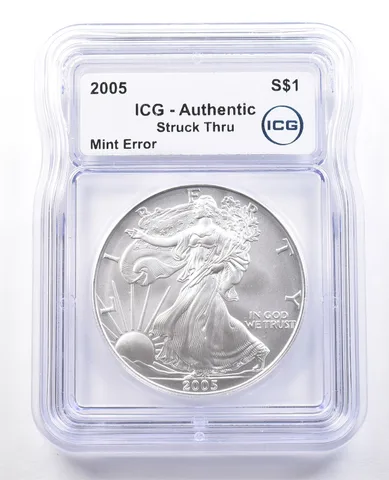 2005 American Silver Eagle Mint Error Struck Thru Authentic ICG