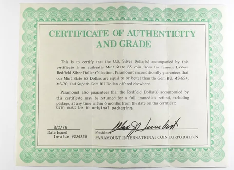 1976 LaVere Redfield Silver Dollar Collection Paramount CoA a9910