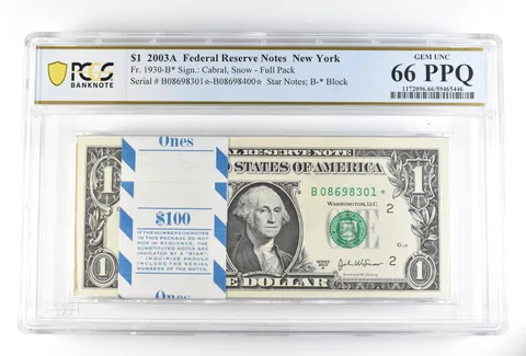 (100) 2003 A $1 New York NY FRN Fr#1930-B* Pack Star Notes Unc 66 PPQ PCGS *0199