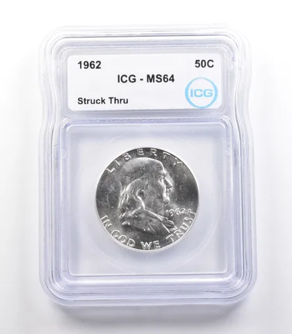 1962 Franklin Half Dollar Mint Error Struck Thru MS64 ICG a2365