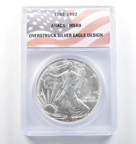 1992 American Silver Eagle Overstruck Eagle Design MS69 ANACS *5784
