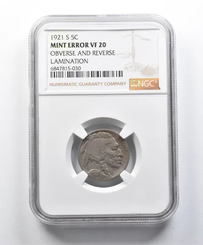 VF20 1921-S Indian Head Buffalo Nickel Mint Error OBV + REV Lamination NGC *9964