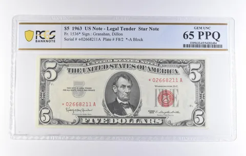 1963 $5 Legal Tender Star Note Fr#1536* Gem Unc 65 PPQ PCGS *8341