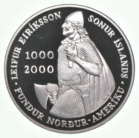 2000-P Leif Ericson Proof Commemorative 90% Silver 1000 Kronur Iceland