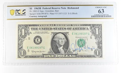 1963 B $1 Richmond VA FRN Courtesy Autograph FR#1902-E Unc 63 PCGS Barr *0623