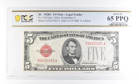 1928 C $5 US Legal Tender Fr#1528 Gem Unc 65 PPQ PCGS a2361