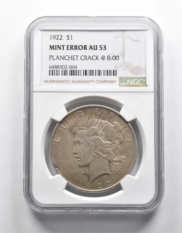 Mint Error AU53 1922 Peace Silver Dollar Planchet Crack @8:00 NGC a1934